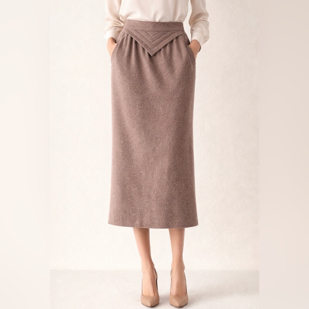 Vintage Escada Brown Wool Midi Skirt Quilted Waist Old Money Size US 2 French 34